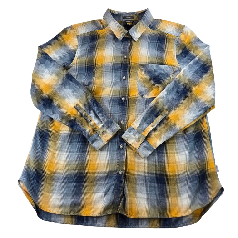 Eddie Bauer Womens XL Plaid Flannel Shirt Yellow Navy Blue Classic Fit Button Up